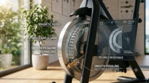 Graphic illustration depicting the smooth and fluid pedal stroke of a high-quality magnetic indoor cycling bike.