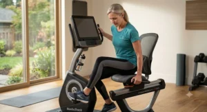 Adult mounting a step-through recumbent bike designed for easy access without twisting or straining the spine