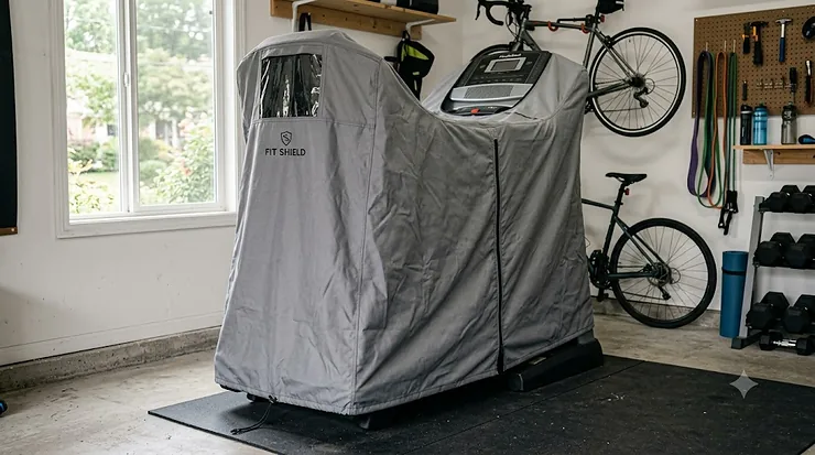 Heavy-duty black treadmill dust cover protecting an indoor running machine from dust and household debris.