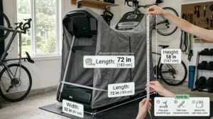 A clear sizing guide showing how to measure the length, width, and height of a running machine to choose the right treadmill dust cover.