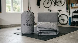 A folded, compact treadmill dust cover tucked neatly inside its matching zippered storage pouch.