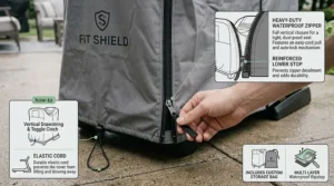 Close-up shot of the heavy-duty zipper closure and adjustable bottom drawstring toggle on a treadmill dust cover.