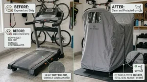 Split illustration showing a dusty exposed treadmill belt versus a clean running deck protected by a treadmill dust cover.