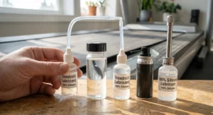 Different treadmill lubricant bottles featuring long extension tubes for easy application.