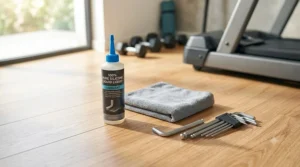 A bottle of 100% pure silicone liquid lubricant next to an Allen wrench and a clean microfiber towel on a gym floor.