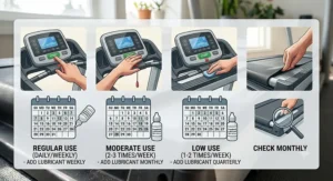 An infographic detailing how often to apply the best treadmill lubricant based on usage hours.