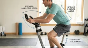 Visual breakdown of upright exercise bike posture, seat height, and forward handlebar reach.