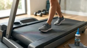 A person slowly walking at a low speed on a freshly lubricated treadmill belt to spread the silicone coating evenly over the deck.