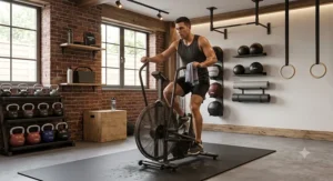 Athlete cycling at a steady pace during a active cool-down phase of an air bike workout session