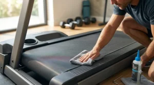A clean cloth wiping away a few stray drops of silicone fluid from the textured side rails of a treadmill frame.