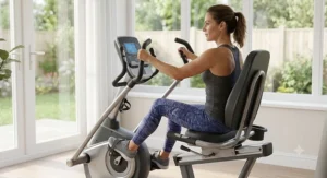 Woman engaging legs and upper body simultaneously on a recumbent exercise bike with moving arm exercisers.