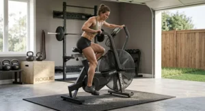 A woman pedaling a Rogue Echo Bike during a Crossfit conditioning workout in a garage gym.