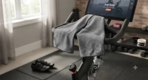 Quick-dry microfiber towels draped over Peloton handlebars for effective sweat management