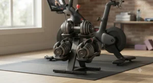 Set of adjustable dumbbells neatly stored behind a Peloton bike for strength training