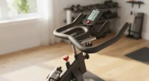 Detailed look at the multi-grip handlebars and digital workout monitor on a commercial-grade chain drive spin bike.