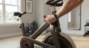 A person adjusting the manual resistance knob on a chain driven indoor cycling bike to increase workout intensity.