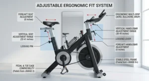 Diagram showing adjustable seat and handlebar positions on an ergonomic belt drive spin bike.