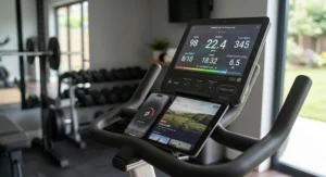 Smart digital display screen and device holder on a connected belt drive spin bike.