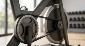 Close-up illustration of a silent belt drive mechanism wrapped around a spin bike flywheel.