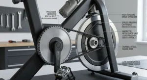 Detailed graphic of the durable, low-maintenance belt drive mechanism on an indoor stationary bike.