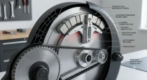 Close-up diagram of the silent magnetic resistance system on a belt drive spin bike.