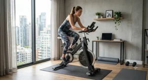 Compact belt drive spin bike designed for small apartment fitness spaces.