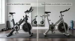 Side-by-side comparison illustrating a quiet belt drive spin bike and a traditional chain drive exercise bike.