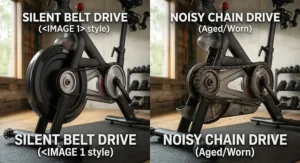 Illustration comparing a silent belt drive spin bike mechanism with a noisy chain drive system