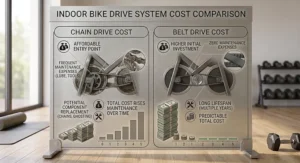 Visual price comparison between affordable chain drive and premium belt drive spin bikes.