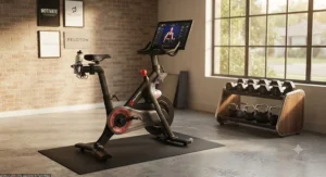 A modern home gym setup featuring a Peloton bike and weights, highlighting the value of a home fitness subscription.