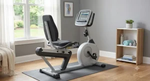 Home gym setup featuring a recumbent exercise bike ideal for low-impact joint health and knee arthritis relief.