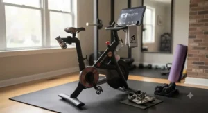 A used Peloton bike paired with compatible cycling shoes, weights, and a protective mat.