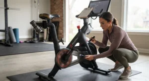 A fitness enthusiast inspecting a pre-owned Peloton bike before making a purchase.