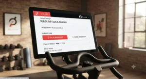 Account settings menu on a Peloton display showing options to pause or manage a bike subscription.