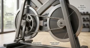 Detailed diagram of a traditional metal chain and gear assembly on a chain drive exercise bike.
