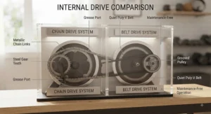 An instructional diagram comparing the metallic chain drive system to belt drives inside an indoor exercise bike.