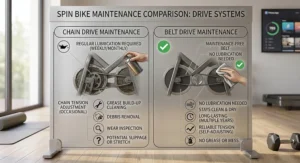 Comparison chart showing chain drive lubrication needs versus maintenance-free belt drive spin bikes.