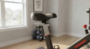 An adjustable padded saddle on a chain driven indoor cycling bike, designed for comfort during long cardio sessions.