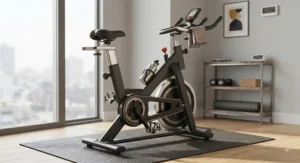 Space-saving chain drive spin bike positioned on a protective rubber mat in a modern apartment fitness corner.