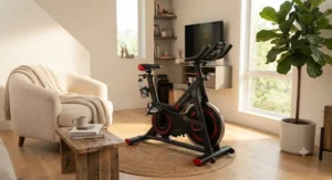 The best echelon bike positioned in a cozy living room, highlighting its space-saving design for small apartments.