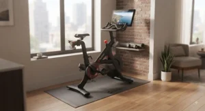 Peloton Bike fitting neatly into a small corner of a city apartment fitness space
