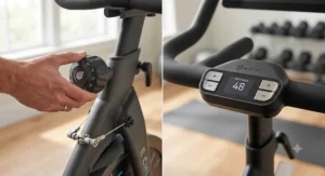 Detailed view comparing the manual resistance knob on Echelon models and the digital resistance control on Peloton bikes.