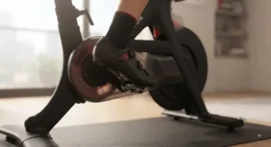 Cyclist clipping specialized cycling shoes into the Delta-compatible pedals of a Peloton Bike