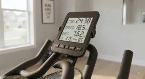 The LCD performance monitor on a chain driven indoor cycling bike displaying time, speed, and distance metrics.