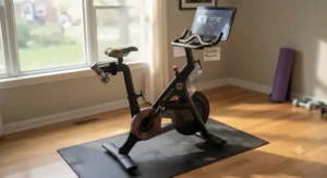 A discounted used Peloton bike with a yoga mat underneath on hardwood flooring.