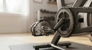 Close-up of durable metal pedals featuring adjustable toe cages and clips on an indoor chain drive spin bike.