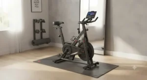 The compact design and space-saving footprint of the Echelon EX5 fitness bike in a home workout space.