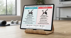 Infographic summarizing the key differences in hardware pricing and monthly subscription costs for Echelon versus Peloton.