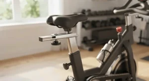 Side profile showing the micro-adjustable racing saddle and seat post on a heavy-duty chain drive spin bike.
