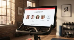 Multiple user profiles on a Peloton bike touchscreen demonstrating family sharing for a single subscription.